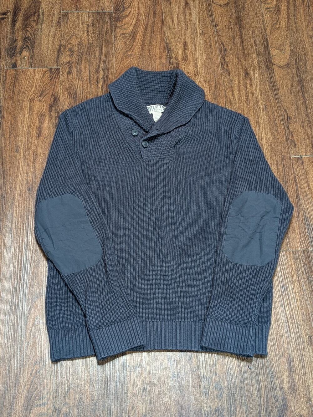Duluth Trading Mens M Brigadier Shawl Knit Sweater Gray Elbow Patch Wool Blend